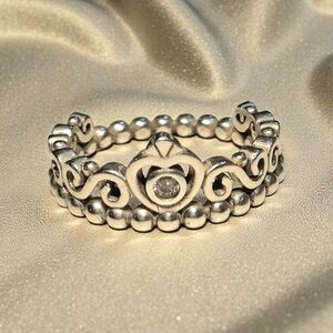 👑Pandora 925 Sterling Silver CZ Heart Tiara Crown Princess Ring Size 8